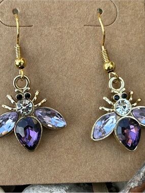 Gold Bee Drop Earrings with Purple Crystals